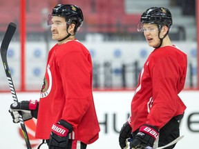 Brady Tkachuk, right, keeps in touch with Mark Stone as much as he can since Stone was traded to Vegas, and this week gave them the chance to spend some time together.