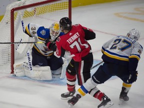 Senators centre Chris Tierney scores a goal past St. Louis Blues goalie Jake Alllen on Thursday. USA TODAY