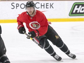 Chris Tierney, who was the Senators' best all-round player against St. Louis on Thursday night, skates a drill at practice on Friday morning at the Bell Sensplex.