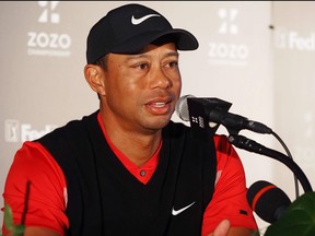 Tiger Woods answers a question during his press conference following his victory at the PGA ZOZO Championship golf tournament at the Narashino Country Club in Inzai, Chiba prefecture on Monday.