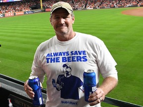 Jeff Adams wears the shirt made for him by Bud Light during Game 6 of the Washington Nationals and Houston Astros World Series playoffs on Oct. 29, 2019.