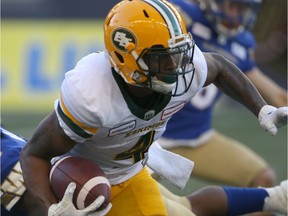 The CFL has admitted that it should have ruled that the touchdown catch by the Edmonton Eskimos' Tevaun Smith, seen in a file photo, against the Redblacks on Sept. 28 was, in fact, incomplete.