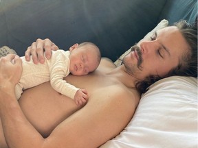 Erik Karlsson with his six-week-old daughter Harlow Rain.
