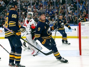 The Sabres’ Jack Eichel celebrates after scoring his second goal of the game during the second period on Saturday night against the Senators at KeyBank Center in Buffalo. The Sabres' captain finished with a four goals.