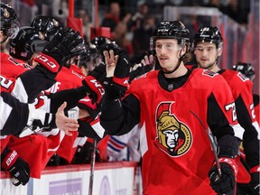Thomas Chabot of the Ottawa Senators celebrates his goal in a 4-1 win over the New York Rangers at the Canadian Tire Centre on Friday, Nov. 22, 2019. Chabot says the Senators knew they could be competitive this season.