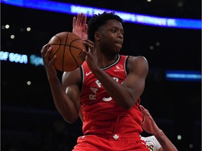 OG Anunoby of the Raptors grabs a rebound during Sunday night's game against the Lakers. Anunoby was injured early in the first quarter of Monday's game against the Clippers.