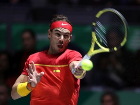 Rafael Nadal of Spain plays a forehand in his singles final match against Denis Shapovalov of Canada during Day Seven of the 2019 Davis Cup at La Caja Magica on Sunday in Madrid, Spain.