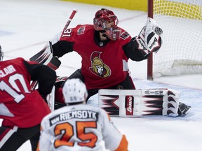 Senators goaltender Anders Nilsson makes a save during a Flyers power play late in the third period on Friday November 15, 2019 in Ottawa. The Senators defeated the Flyers 2-1. THE CANADIAN PRESS/Adrian Wyld