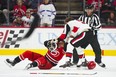 Senators right wing Bobby Ryan fights Carolina Hurricanes left wing Brock McGinn  during the first period at PNC Arena on Monday.