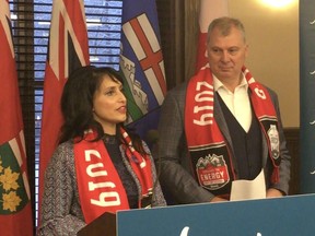 Minister of Culture, Multiculturalism and Status of Women Minister Leela Aheer and CFL commissioner Randy Ambrosie speak in Calgary on Nov. 19 about putting an end to domestic violence.
