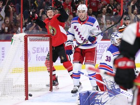 Senators’ Brady Tkachuk celebrates a goal on Friday night against the New York Rangers in Ottawa. (Wayne Cuddington/Postmediia Network)
