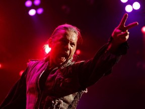 Bruce Dickinson of Iron Maiden performs with the band during its Legacy of the Beast tour stop at Rogers Place in Edmonton, on Aug. 30, 2019.