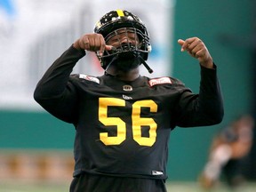 Hamilton Ticat Ja'Gared Davis is shown during practice at the Macron Performance Centre in Calgary in preparation for Grey Cup 2019 on Wednesday, Nov. 20, 2019.