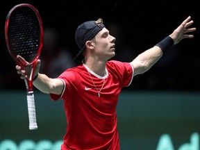 Denis Shapovalov celebrates his victory over Taylor Fritz during Day 2 of the Davis Cup at La Caja Magica on November 19, 2019 in Madrid. (Alex Pantling/Getty Images)