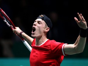 Denis Shapovalov of Canada celebrates a point against Matteo Berrettini of Italy during Day 1 of the 2019 Davis Cup at La Caja Magica in Madrid, Spain, on Monday.