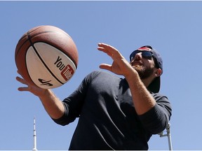 Tyler Toney of YouTube stars Dude Perfect does some drills during a 2016 appearance in Toronto.