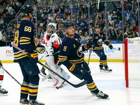 Sabres’ Jack Eichel celebrates after scoring his second goal of the game during the second period on Saturday night against the Senators at KeyBank Center in Buffalo. The Sabres captain finished with a four goals. (