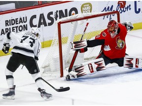 Ottawa Senators goaltender Anders Nilsson stretches to make a save in overtime against Los Angeles Kings Tyler Toffoli during NHL action at the Canadian Tire Centre on Thursday November 7, 2019.