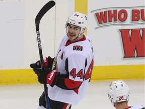 Ottawa Senators centre Jean-Gabriel Pageau (44) celebrates after scoring a goal against the New Jersey Devils.