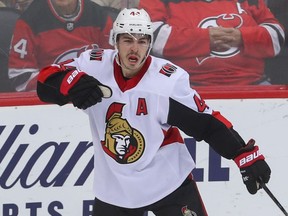 Ottawa Senators centre Jean-Gabriel Pageau (44) celebrates after scoring a goal against the New Jersey Devils
