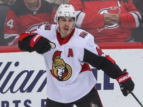 Ottawa Senators centre Jean-Gabriel Pageau (44) celebrates after scoring a goal against the New Jersey Devils during the third period at Prudential Center.