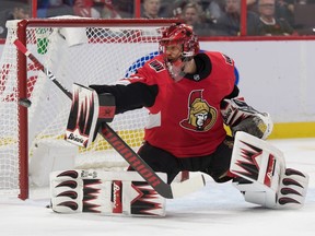 Ottawa Senators goalie Anders Nilsson makes a save in the first period against the Carolina Hurricanes at the Canadian Tire Centre on Saturday.