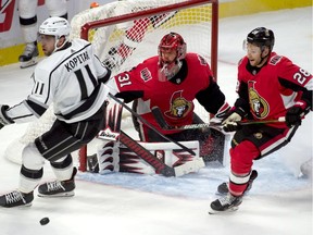 Los Angeles Kings centre Anze Kopitar (11) loses control of the puck in front of Ottawa Senators goalie Anders Nilsson (31) in the third period at the Canadian Tire Centre on Thursday, Nov. 7, 2019.