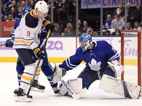 Toronto Maple Leafs goalie Frederik Andersen makes a save against Buffalo Sabres forward Jack Eichel in the third period at Scotiabank Arena.