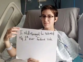 This image obtained from a video, courtesy of Maddison Yetman, 18, shows her in a hospital after being diagnosed with a terminally illness encouraging Canadians to vote ahead of the federal election on October 21, 2019.