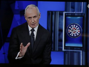 Hockey Night in Canada host Ron MacLean speaks about Don Cherry during the first period intermission on Saturday, Nov. 16, 2019.