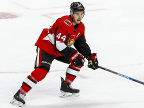 Ottawa Senators Jean-Gabriel Pageau in action against the Los Angeles Kings at the Canadian Tire Centre on Thursday, Nov. 7, 2019.