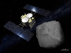 Computer graphic handout image shows Japan Aerospace Exploration Agency's Hayabusa 2 probe arriving at an asteroid in the image released by Japan Aerospace Exploration Agency, created March 18, 2019, and obtained by Reuters on Monday.