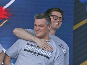 Maple Leafs GM Kyle Dubas (back) and former Marlies head coach Sheldon Keefe were all smiles during the Calder Cup championship celebrations in 2018.  Veronica Henri/Toronto Sun