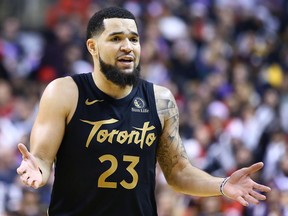 Fred VanVleet of the Raptors reacts during the second half of the Christmas Day game against the Celtics.