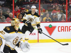 Zdeno Chara and Tuuka Rask of the Boston Bruins at Canadian Tire Centre in Ottawa on Dec. 19, 2019.