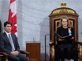 Gov. Gen. Julie Payette delivers the throne speech as Prime Minister Justin Trudeau looks on at the Senate on Thursday, Dec. 5, 2019.