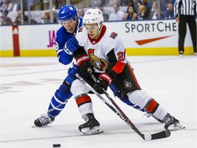 Ottawa Senators Erik Brannstrom and Toronto Maple Leafs  Mitchell Marner at Scitoabank Arena in Toronto on October 2, 2019.