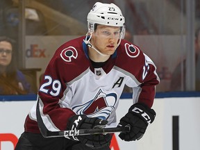 Nathan MacKinnon of the Colorado Avalanche skates against the Toronto Maple Leafs during an NHL game at Scotiabank Arena on Dec. 4, 2019, in Toronto.