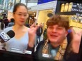 A young man uttered an obscene phrase at the Eaton Centre during a TV interview on Boxing Day.