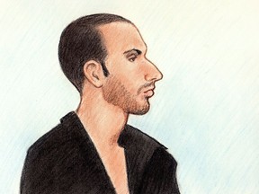 A courtroom sketch of René Goudreau. A court of appeal has ordered a new trial for Goudreau on a charge of first-degree murder in connection with the death of his mother, Lucie, in 2012.