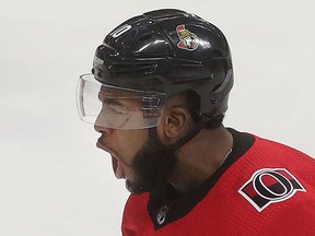 Ottawa Senator Anthony Duclair celebrates after scoring his overtime winning goal against the Columbus Blue Jackets during NHL action in Ottawa Saturday Dec 14, 2019. Tony Caldwell