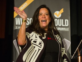 Independent candidate Jody Wilson-Raybould celebrates her election win in Vancouver, B.C. on Monday, October 21, 2019. The SNC-Lavalin affair cost Justin Trudeau two cabinet ministers, his most trusted aide, the top federal public servant and possibly a second majority mandate; and now the woman at the centre of it all — Wilson-Raybould — is the 2019 Newsmaker of the Year.