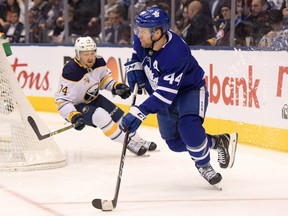 Toronto Maple Leafs defenceman Morgan Rielly carries the puck against the Buffalo Sabres on Tuesday night at Scotiabank Arena. (Dan Hamilton/USA TODAY Sports)