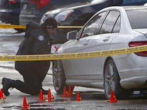 Toronto Police officers collect evidence, believed to be empty shell casings, next to a bullet-riddled Mercedes Benz after a man was shot at a TCHC townhouse complex at 210 Duncanwoods Dr. on Thursday.