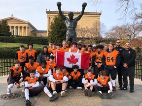 The Ottawa Sooners pose in front of the Rocky statue while in Philadelphia for the North Atlantic Regional football championships. Photo submitted