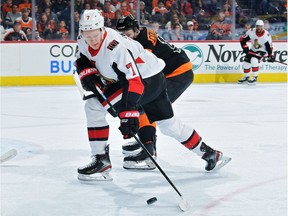Brady Tkachuk (7) of the Senators has 15 goals, 12 assists and 53 penalty minutes this season.