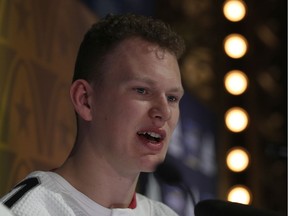 Brady Tkachuk of the Ottawa Senators speaks to the press during media day for the 2020 NHL All-Star Game at Stifel Theatre on Jan. 23, 2020 in St Louis.