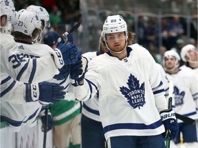 William Nylander of the Toronto Maple Leafs celebrates a goal against the Dallas Stars in the third period at American Airlines Center on Jan. 29, 2020 in Dallas.