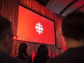 The CBC logo is projected onto a screen during the CBC's annual upfront presentation at The Mattamy Athletic Centre in Toronto on May 29, 2019. (The Canadian Press)
