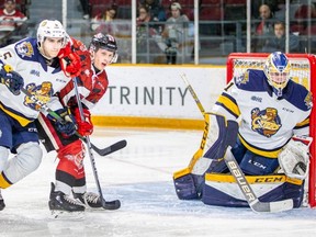 67’s forward Marco Rossi (centre) gets in front of the Erie net yesterday at TD Place. Ottawa beat the Otters 5-0.